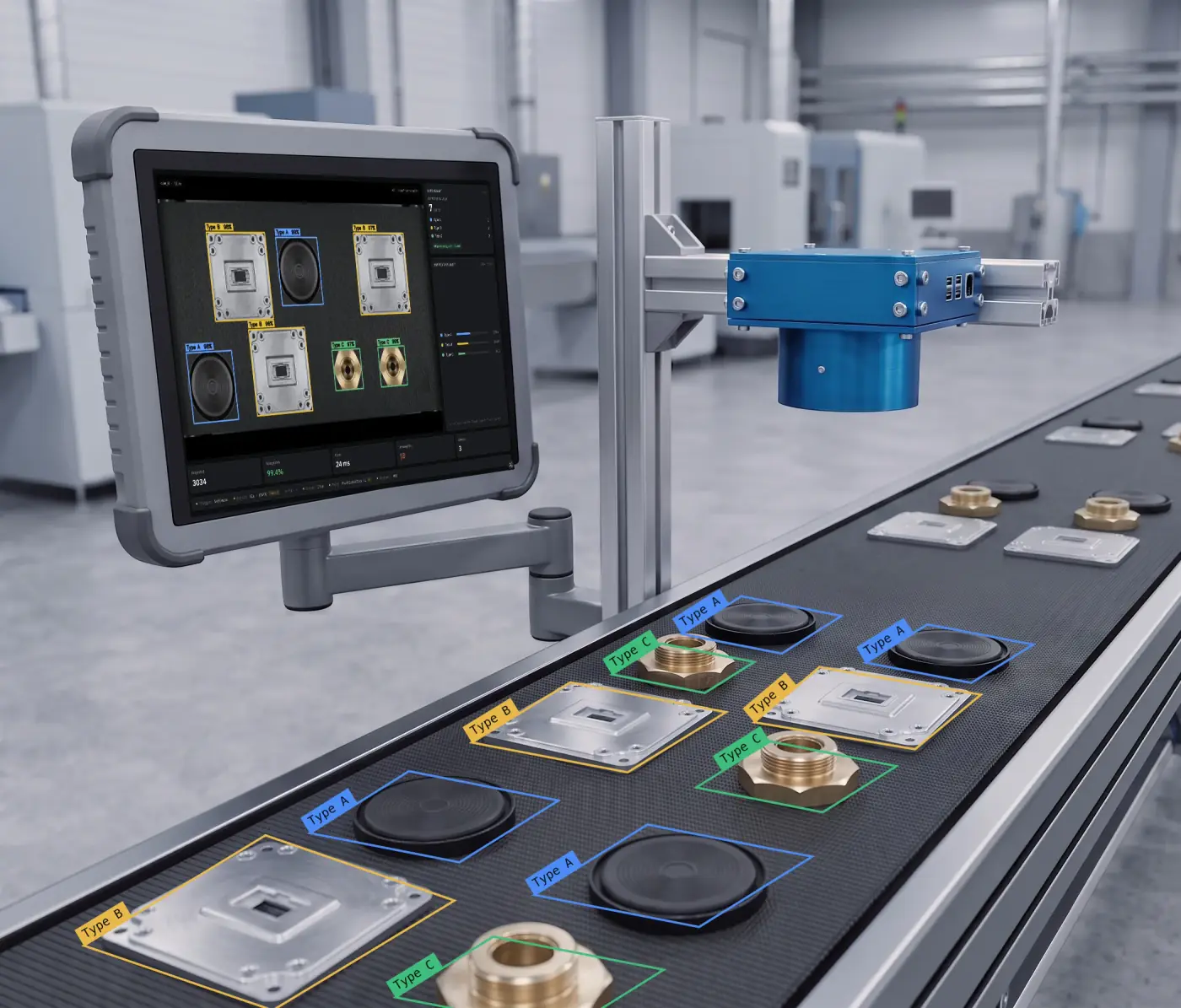 Adente Vision unit classifying parts on a conveyor line