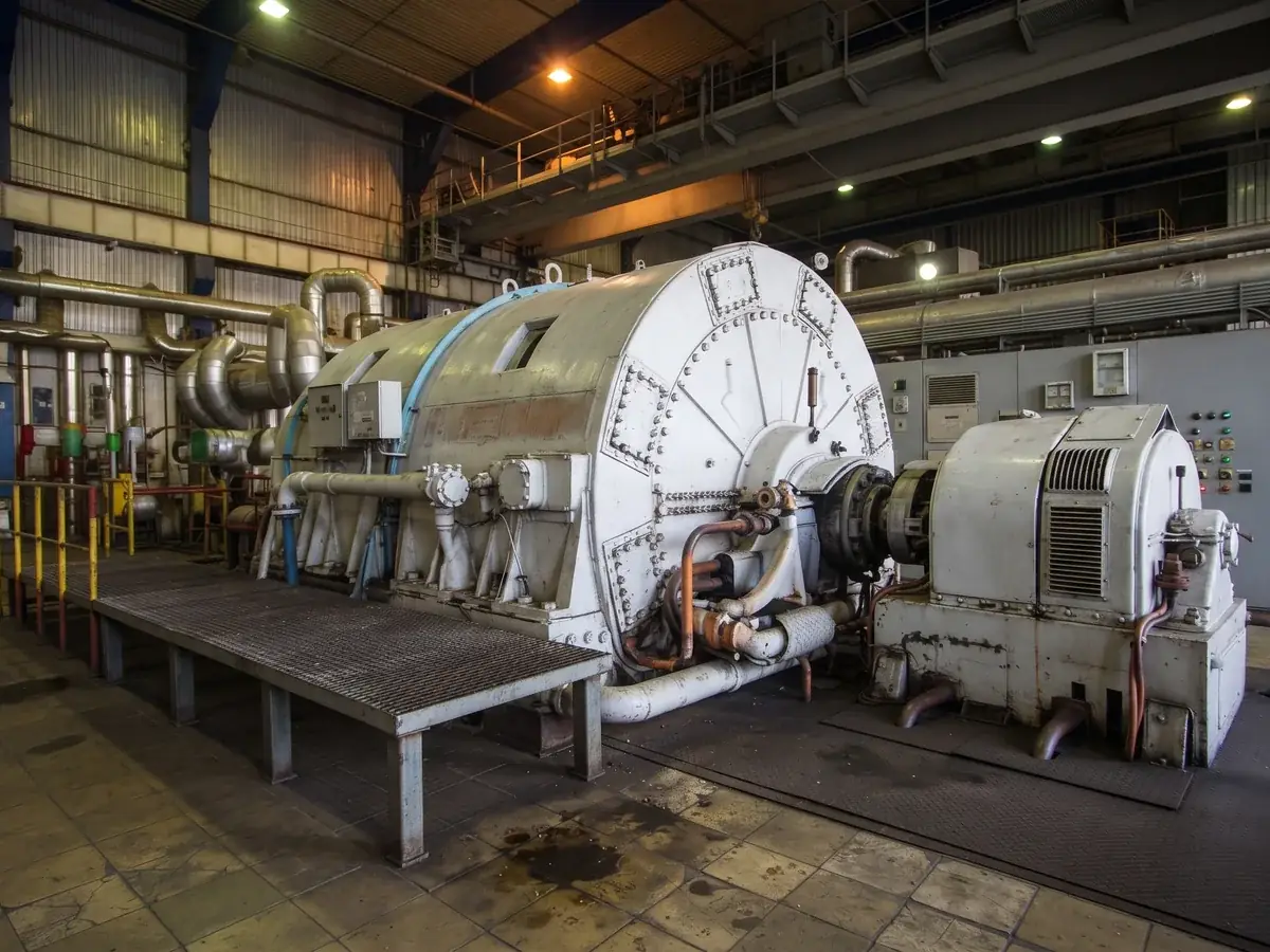 Steam turbine and generator set in a power plant machine hall