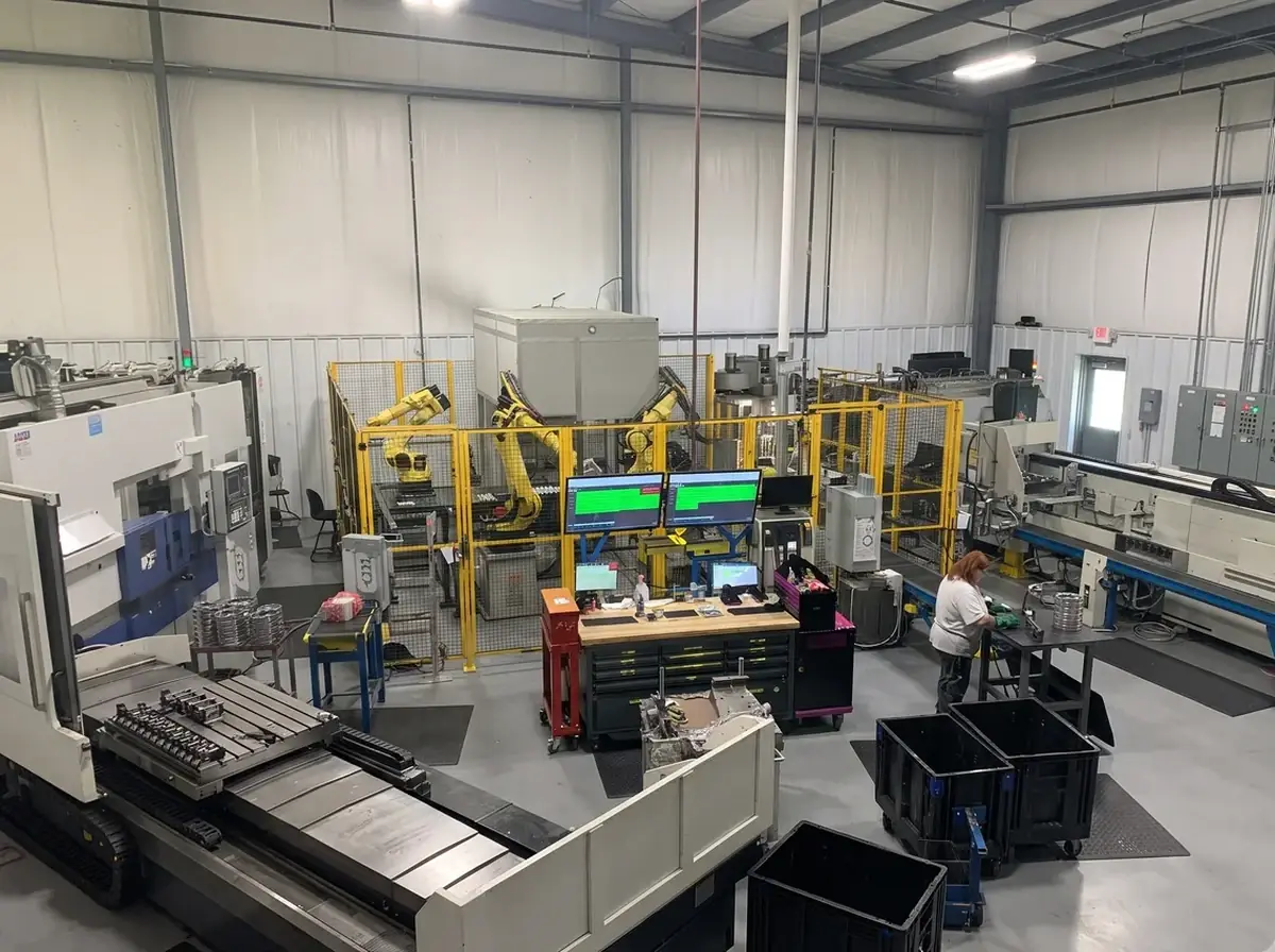 Robotic machining cell behind safety fencing on a manufacturing shop floor