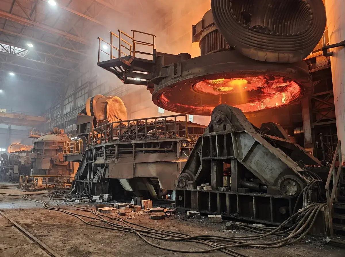 Furnace glowing with molten metal inside a steel foundry