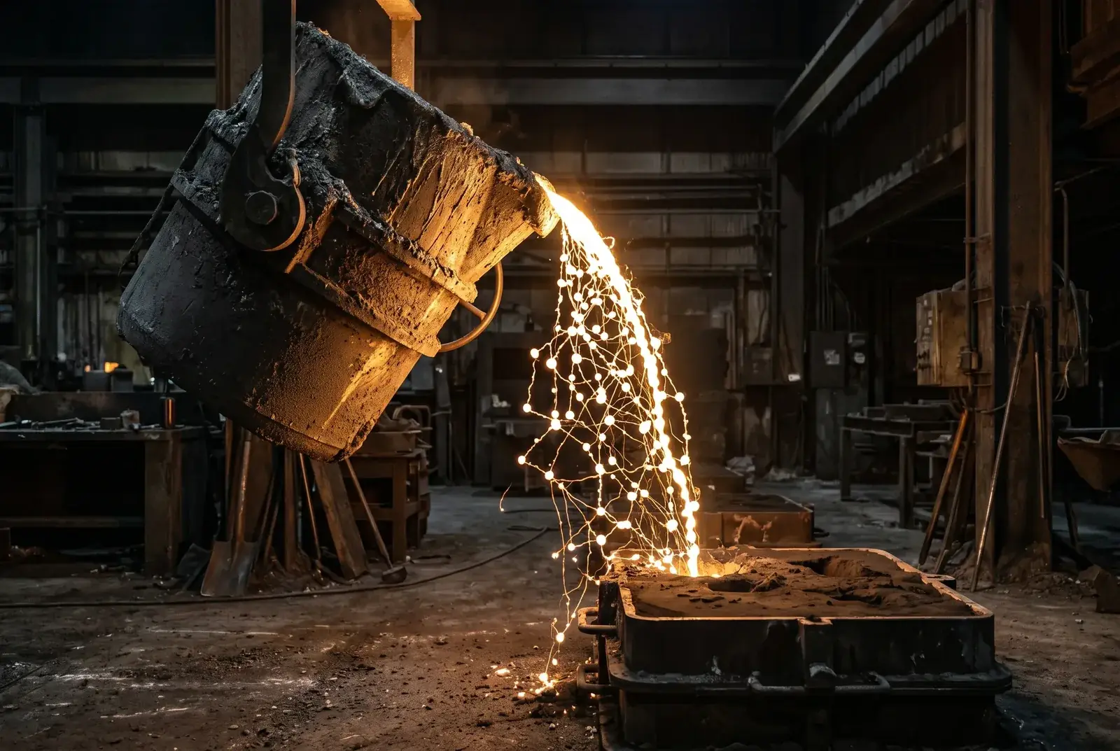 Ladle pouring molten metal into a casting mold in a foundry