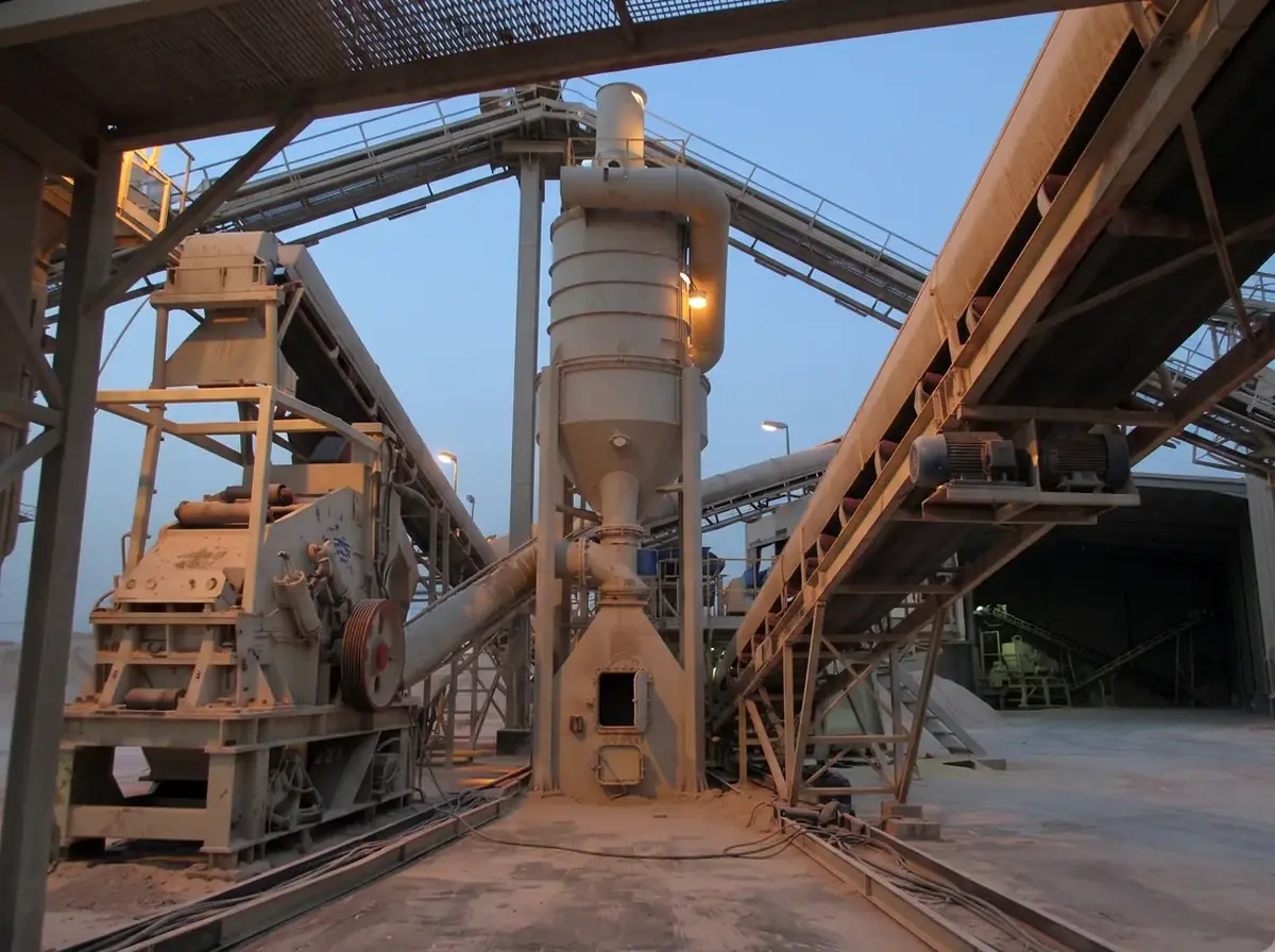 Crusher and conveyor lines at a mineral processing plant at dusk